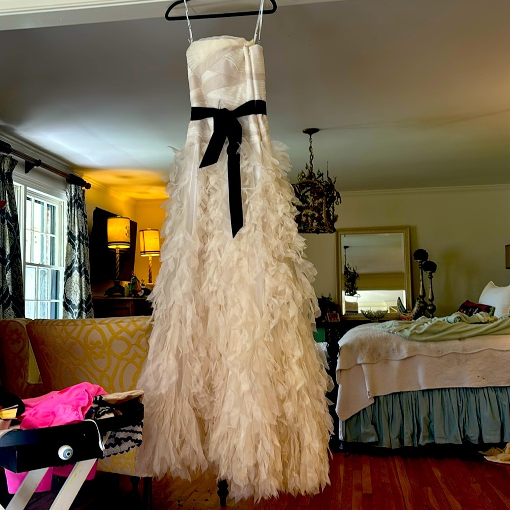 Strapless formal gown - black bow around waist - beautiful on